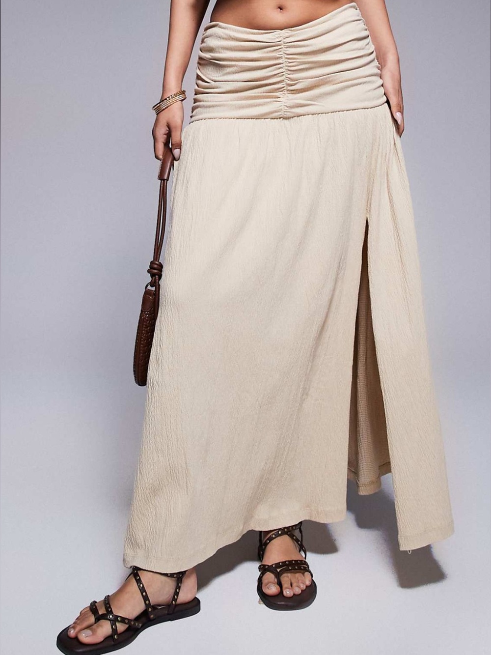 ASOS Cream Crinkle Drop Waist Maxi Skirt with Side Slit